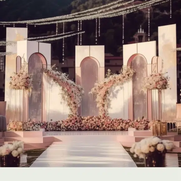 3D render design of a proposed wedding reception decor for a luxury wedding in bangalore